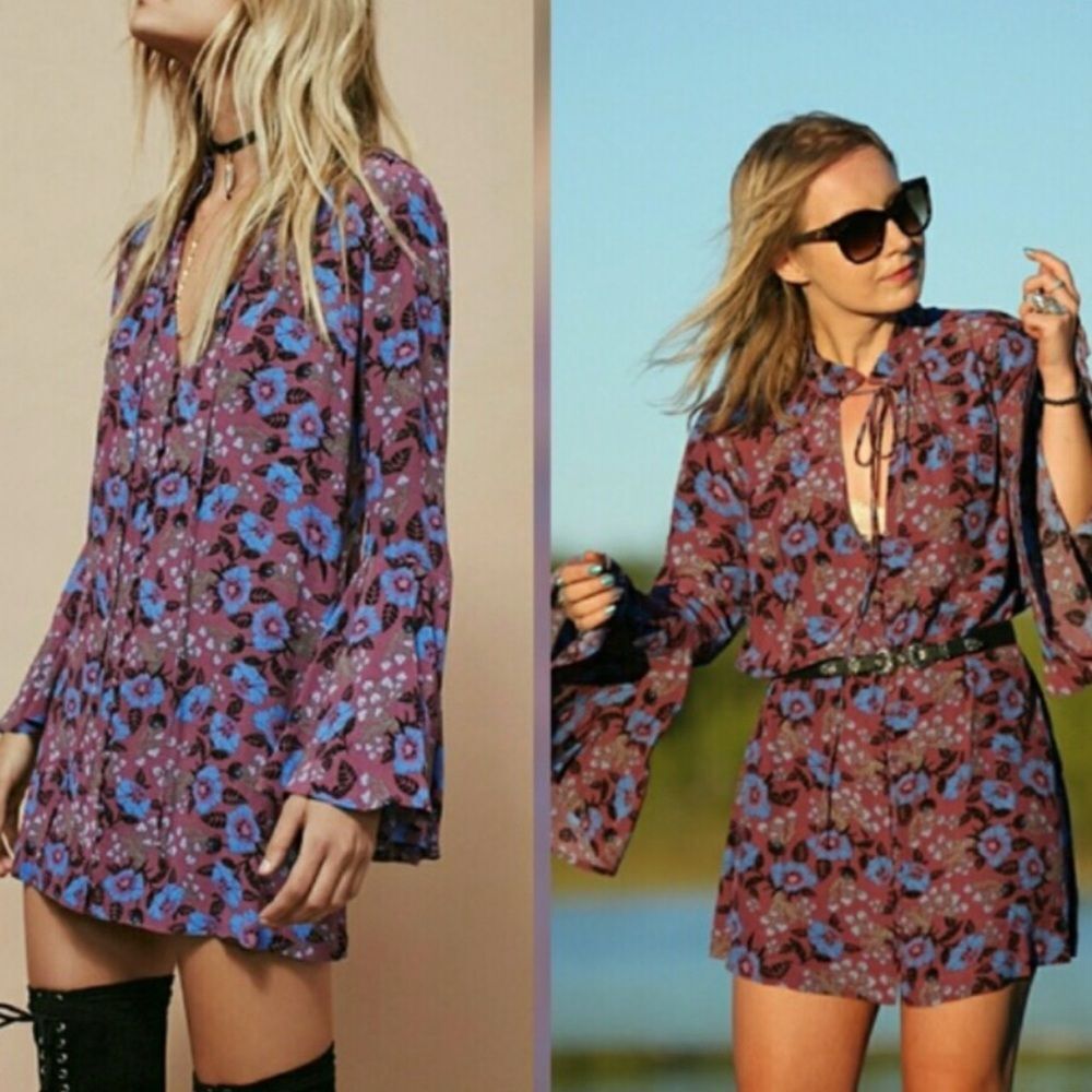Free People Magic Mystery Tunic Purple Blue Boho Floral Tie Neck Top Blouse S